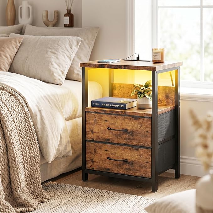 Fixwal Night Stand with Charging Station, Led Nightstand, 2 Fabric Drawers | - Image 2