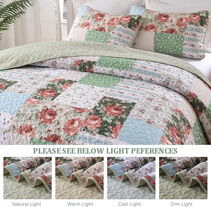 Anibedding Floral Patchwork Quilt Set King Size, Soft Lighweight Farmhouse - Image 8