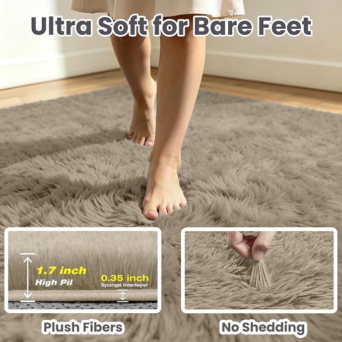 8x10 Fluffy Area Rug for Living Room: Non-Slip Grey Camel Bedroom Carpet | - Image 7