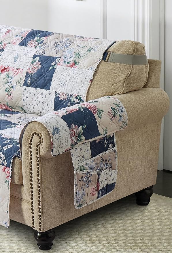 Brilliant Sunshine Vintage Indigo Roses Couch Armrest Cover, Armrest Organizer - Image 4