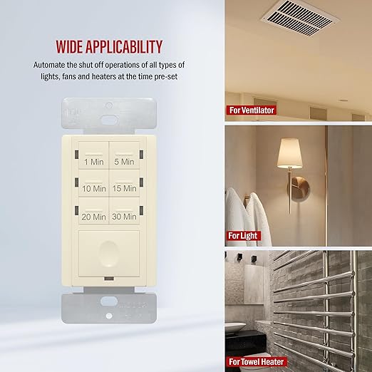 ENERLITES 30-Minute Countdown Timer Switch, 1-5-10-15-20-30 Min, for Bathroom Fans, Heaters, Lights, LED Indicator, 120VAC 800W, No Neutral Wire Required, UL Listed, HET06A-J-LA, Light Almond