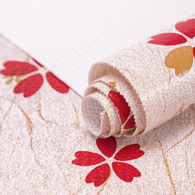 RAY STAR 12X120 Inch Shelf Liner for Kitchen Cabinets, Non-Adhesive Cabinet Liner Washable, PVC Drawer Liner for Dresser Non-Slip Bathroom (Red Floral)(1 Roll)