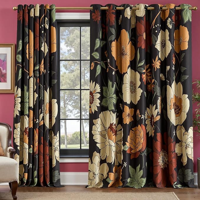 jinchan Black Boho Floral Blackout Curtains W100xL96 Grommet 1 Panel | Room - Image 8