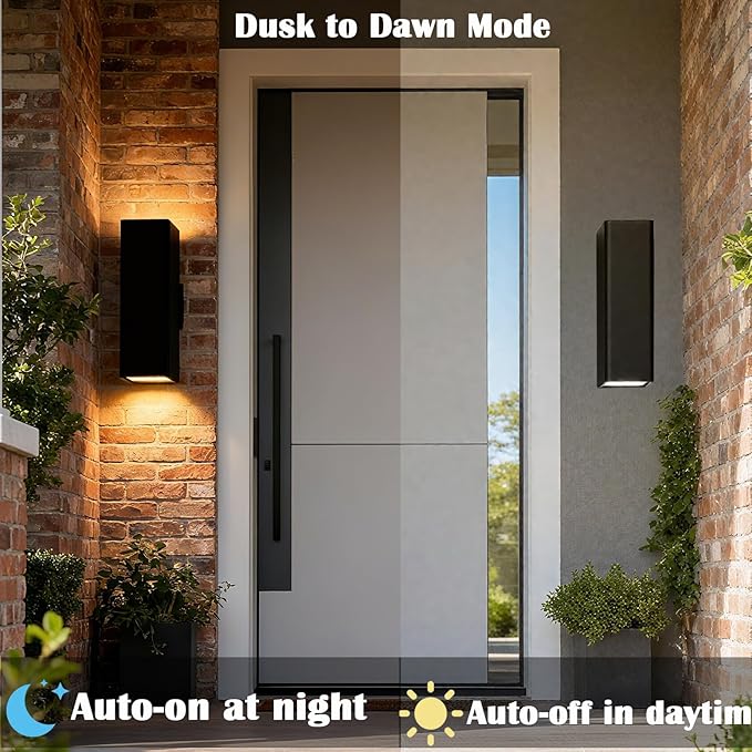 rosykite Motion Sensor Outdoor Wall Lights, Dusk to Dawn Exterior Wall Mount Light Fixtures with 3 Modes, Waterproof Up Down Porch Lights for House, Garage, Patio, Entryway, Matte Black