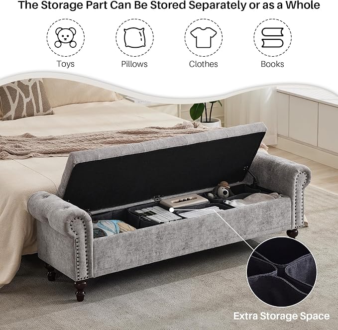 SOFTHION 67" Storage Bench for Bedroom, Chenille Upholstered, Light Grey | King - Image 6