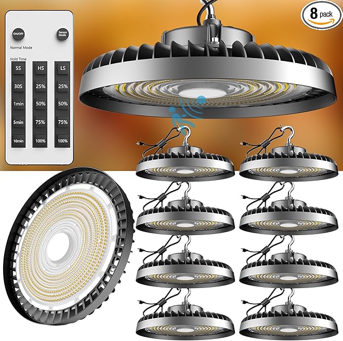 Smart 200W LED High Bay Light 30000LM 5000K UFO High Bay Lighting Motion Activated High Bay LED Lights AC100-277V for Warehouse Barn with Control- 8Pack