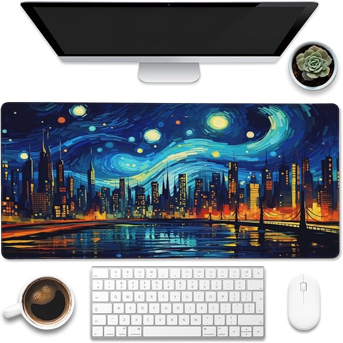 Eflxamz Desk Pad,City Starry Night Desk Mat,Abstract Oil Painting Large Gaming Mouse Pad for Desk,Extended Big Computer Keyboard Mouse Pad with Non-Slip Base and Stitched Edge,35.4"x15.7"