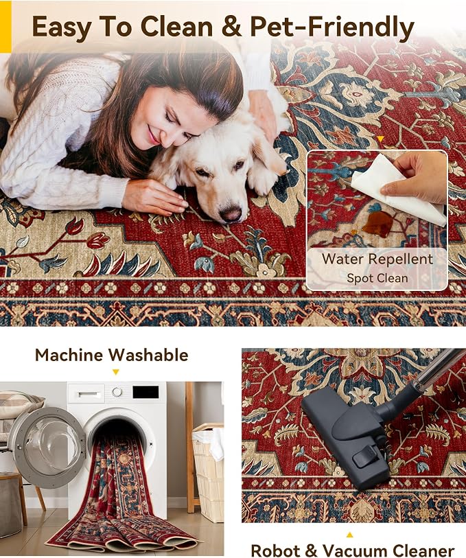 RELEANY Washable Area Rug, Water Repellent, Pet Friendly, Vintage Floral Boho - Image 6