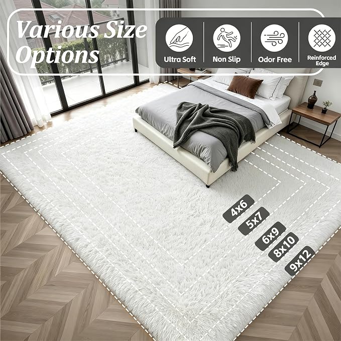 Area Rug Living Room Bedroom: 5x7 Fluffy Plush Shag Carpet Ivory | - Image 9