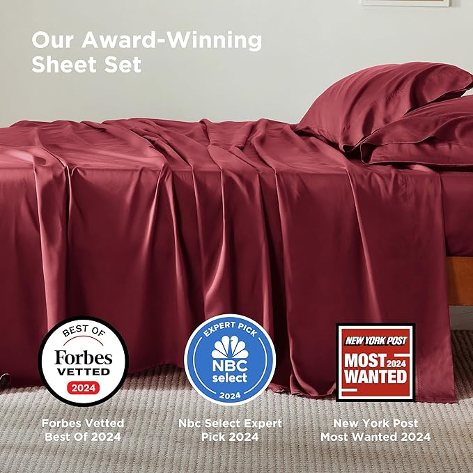 Bedsure Queen Sheet Set, Rayon Derived from Bamboo, Cooling Sheets, Breathable & Soft, Deep Pocket Up to 16 Inches, Hotel Luxury Silky Bedding for Hot Sleepers, Burgundy