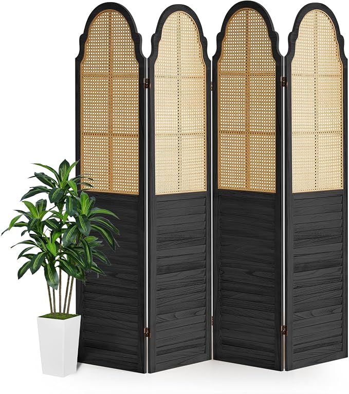 4 Panel Wood Room Divider, Folding Privacy Screen, Rattan Room Divider Wall by AsNefeli