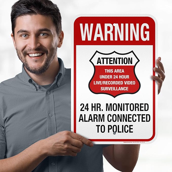 Warning 24 HR. Monitored Alarm Connected To Police Sign, 12x18 Inches, 3M EGP Reflective, Rust Free .063 Aluminum, Fade Resistant, Made in USA by My Sign Center