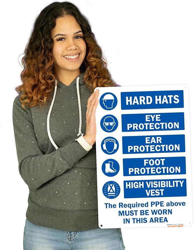 Brimar - 12" x 18" - The Required PPE Must Be Worn Sign - .063″ White Rust-Free Aluminum - Bold Text - Easy Installation