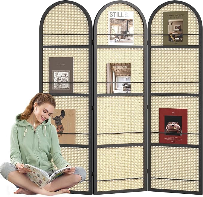 Rattan Room Divider with Built-in Bookshelf | Foldable Privacy Screen & by Svimi