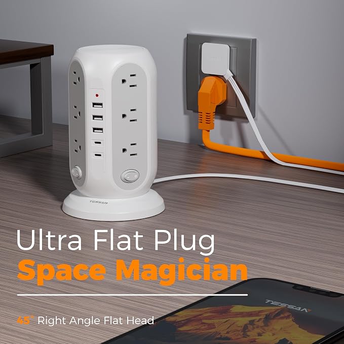 TESSAN Tower Power Strip Surge Protector, Flat Extension Cord 6 Ft, 5 USB Ports - Image 6