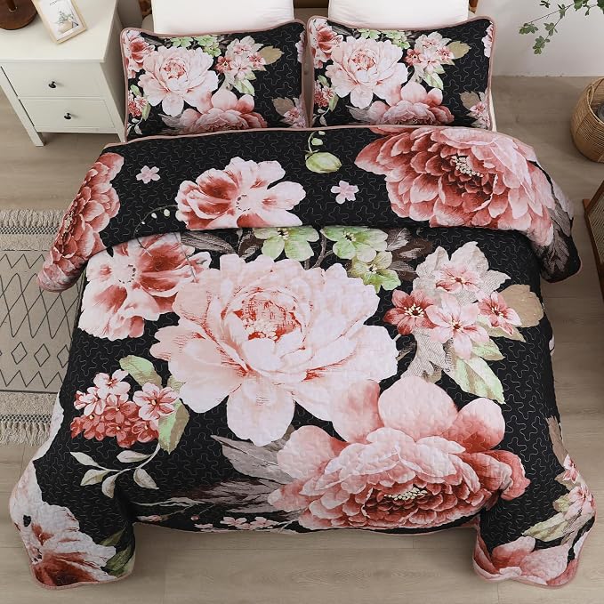 WONGS BEDDING Black Quilt Queen Size, Lightweight Botanical Coverlet Set - Image 2