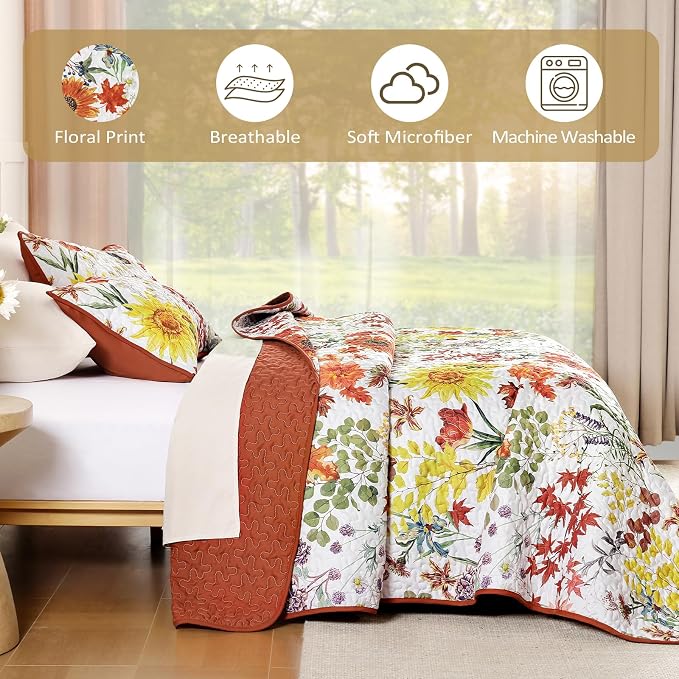 Yiran Fall Floral Quilt Set Queen Size, Microfiber Coverlet - Image 6