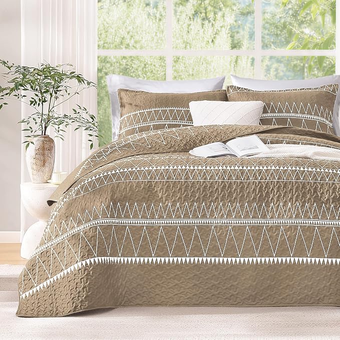 Taupe California King Quilt Set, 3 Pieces Boho Striped Bedspread | Soft - Image 2