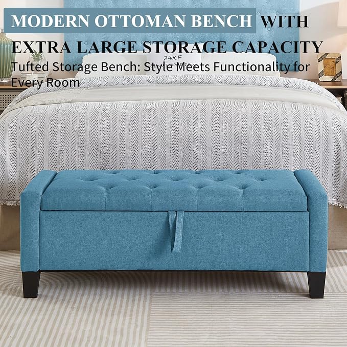 Modern Storage Ottoman Bench, Linen Upholstered End of Bed Bench - Image 3