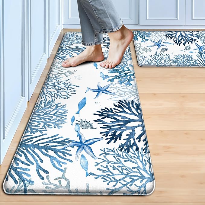 Kitchen Mats for Floor Cushioned Anti Fatigue Sets of 2 Coastal Kitchen Rugs Non Slip Waterproof Nautical Foam Kitchen Floor Rug Beach Theme Coral Fish Comfort Standing Mat for Sink Laundry, Blue