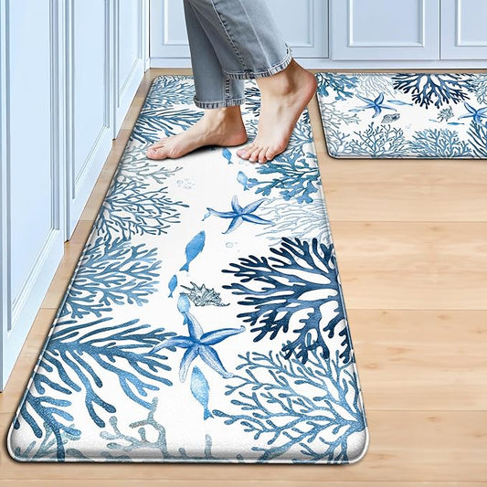 Kitchen Mats for Floor Cushioned Anti Fatigue Sets of 2 Coastal Kitchen Rugs Non Slip Waterproof Nautical Foam Kitchen Floor Rug Beach Theme Coral Fish Comfort Standing Mat for Sink Laundry, Blue