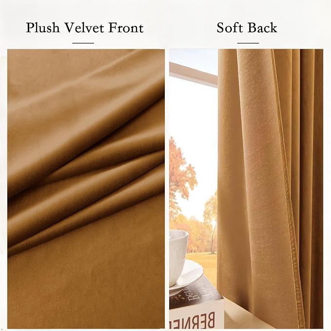 Timeper Gold Brown Velvet Curtains 108 inches 2 Panels, Light Blocking Curtains - Image 4