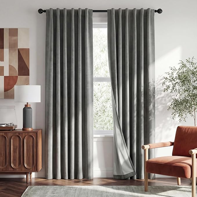 RYB HOME Grey 100% Blackout Linen Textured Curtains 102 Inch Long | Thermal by RYBHOME