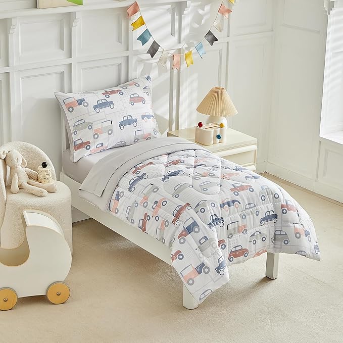 JHXHMX Car Toddler Bedding Set for Boys,4 Piece Bed-in-a-Bag Toddler Comforter Set,Soft Crib Bed Set Including Comforter,Flat Sheet,Fitted Sheet and Pillowcase-Gray
