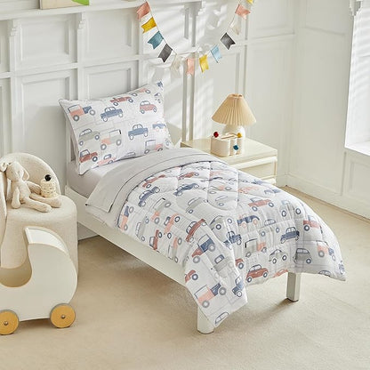 JHXHMX Car Toddler Bedding Set for Boys,4 Piece Bed-in-a-Bag Toddler Comforter Set,Soft Crib Bed Set Including Comforter,Flat Sheet,Fitted Sheet and Pillowcase-Gray