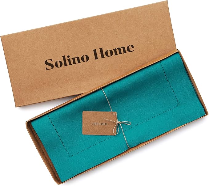 Solino Home Linen Hemstitch Table Runner 48 Inches - 100% Pure Linen Teal Table Runner 14 x 48 Inch Ideal for Dresser and Coffee Tables - Christmas, New Year - Classic Hemstitch