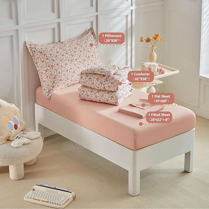 DuShow Toddler Bedding Set for Girls,4 Pieces Floral Toddler Girl Comforter Set,Super Soft Reversible Toddler Sheet Set,Lightweight Crib Bed Set -Pink