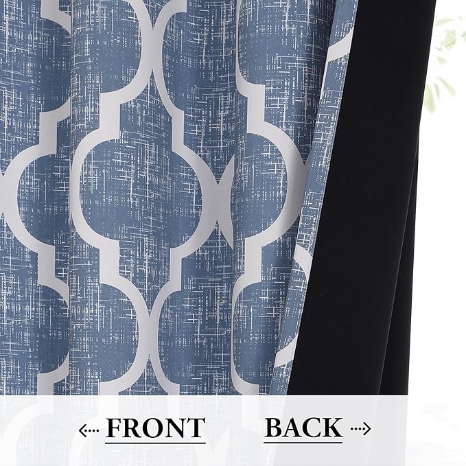 Beauoop 100% Blackout Curtains 96 Inches Long 2 Panels for Bedroom Living Room Blue Moroccan Geo Room Darkening Thermal Insulated Soundproof Grommet Top Window Treatments Drapes, 50x96 Set of 2