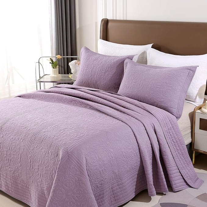 ROOMLIFE Quilt Set Queen Size 3D Floral Embroidery Pattern 3-Piece Cotton by ROOMLIFE