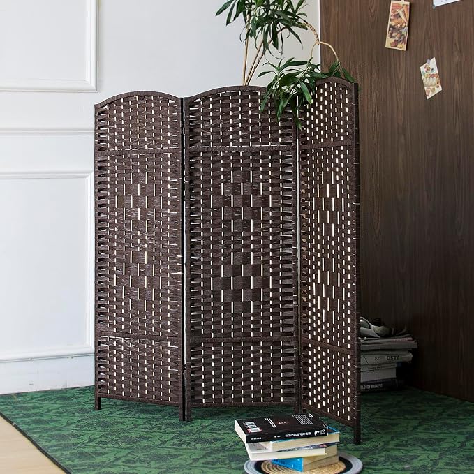 3 Panel Dark Brown Rattan Room Divider, 47.2" Low Height Double-Sided Folding - Image 3