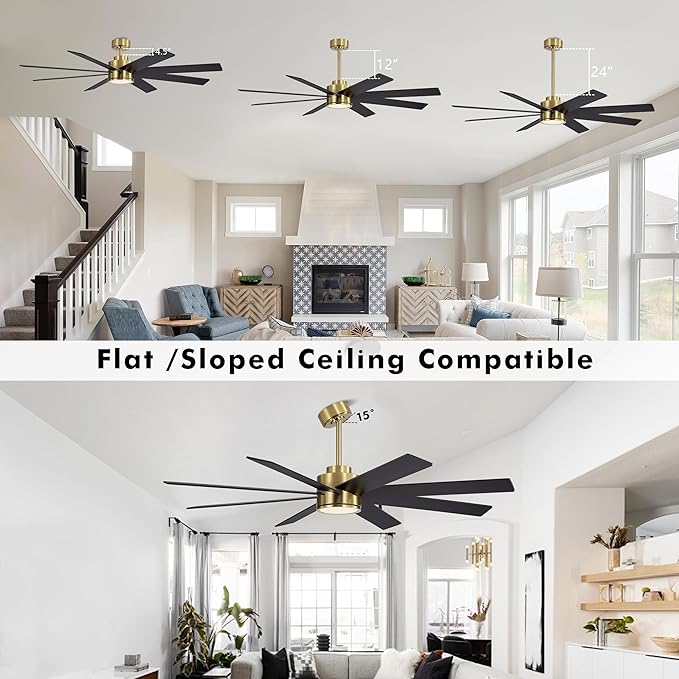 WINGBO 72" Large DC Ceiling Fans with Lights and Remote, 3 Downrods, 8 Plywood Blades, 6-Speeds Reversible DC Motor, 3CCT, Indoor Ceiling Fan for Bedroom Living Room Patio, Brass and Black