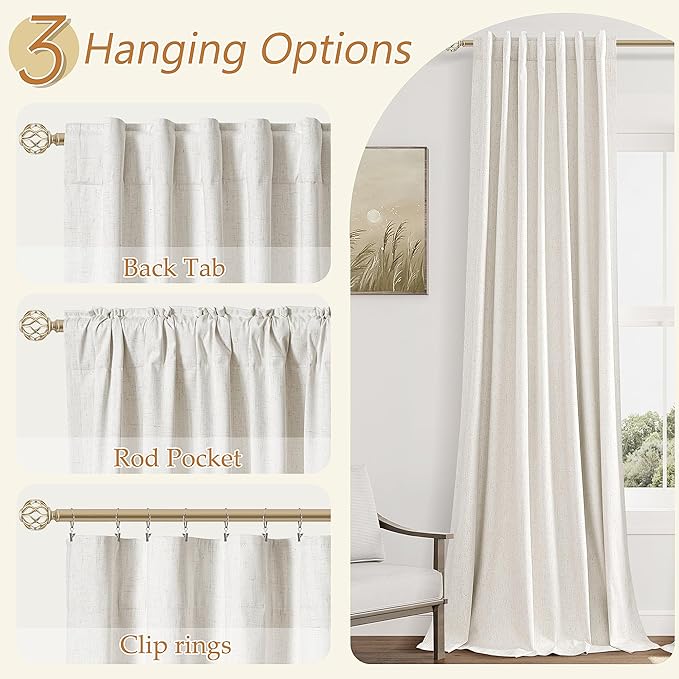 Beige White 100% Blackout Linen Curtains 102 Inch Length 2 Panels Set - Image 6