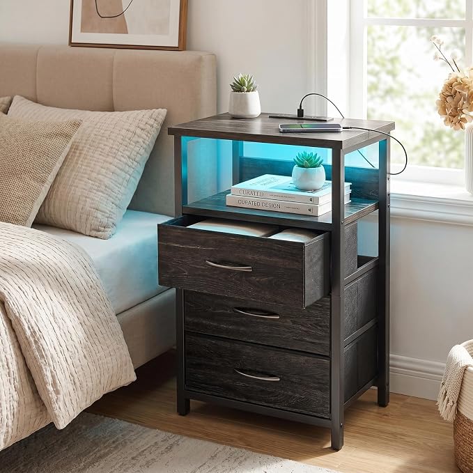 Fixwal Night Stand with 3 Fabric Drawers, Nightstand with Charging Station | - Image 2