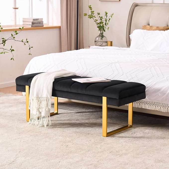 46" Velvet Black Bench with Gold Legs - Image 3