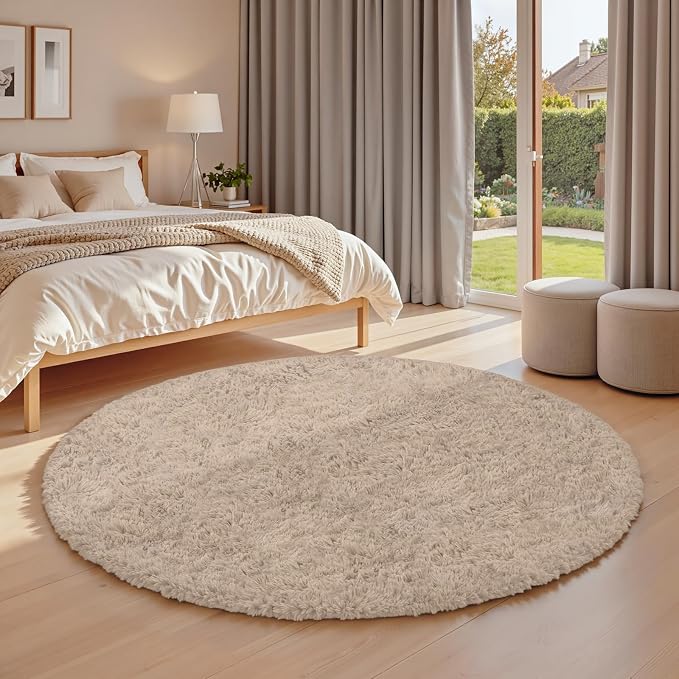 Beige Round Fluffy Rug 5ft Plush Fuzzy Shaggy Carpet | Soft Rugs - Image 3