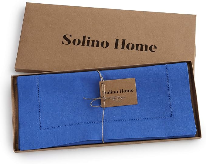 Solino Home Linen Royal Blue Table Runner 48 Inches - Classic Hemstitch, 100% Pure Linen Coffee Table Runner 14 x 48 Inch Ideal for Dresser Tables, Christmas, New Year
