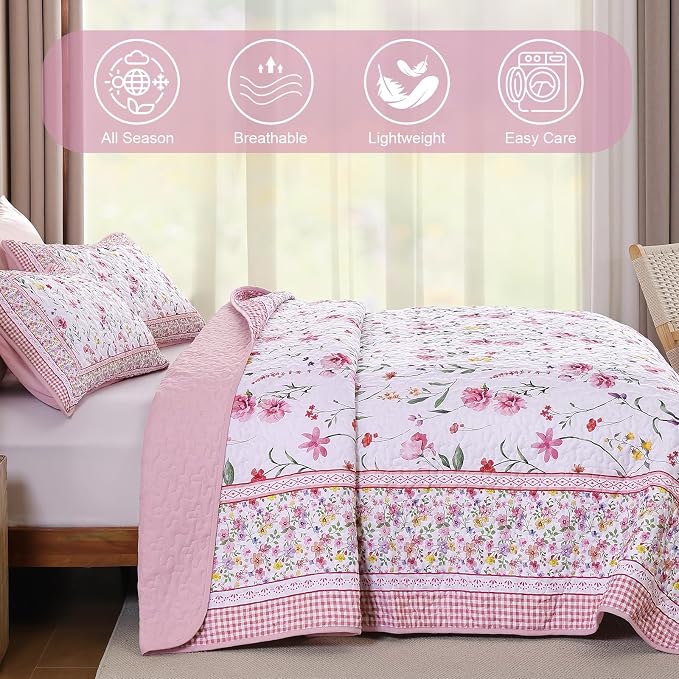 WONGS BEDDING Floral Quilt Set Queen, Microfiber Lightweight Farmhouse Bed - Image 5