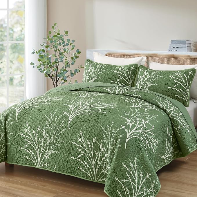 DJY Green Quilt Set Queen Size Branch Bedspread Coverlet Set, 3 Piece Olive - Image 2