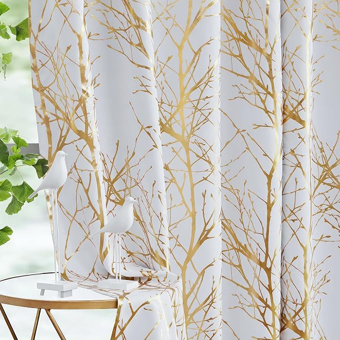 FMFUNCTEX 100% Blackout Ivory Gold Foil Tree Curtains 96 Inch Long 2 Panels | by Fmfunctex