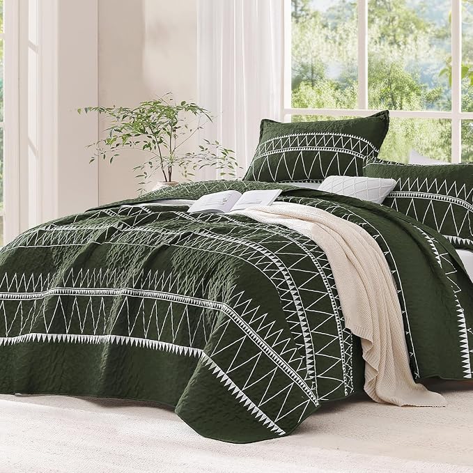 Green Oversized Super King Quilt Set, 3 Pieces Striped Bedspread | Boho Soft by Andency