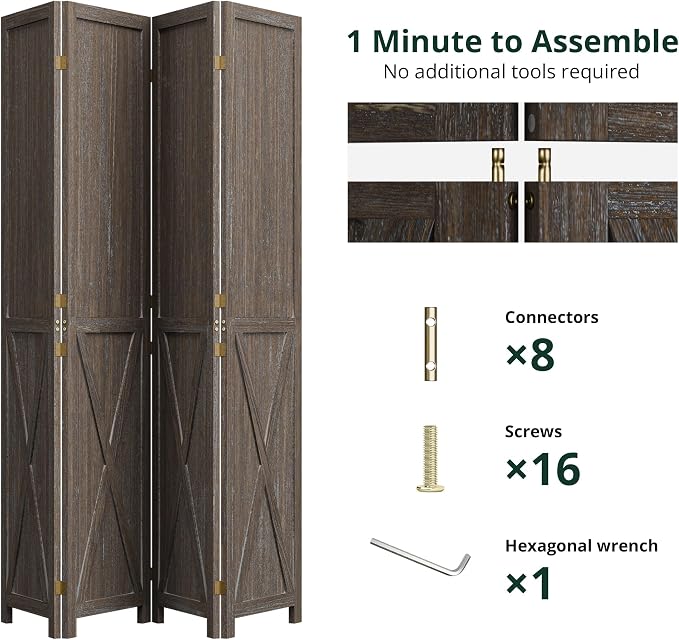 4 Panel Folding Room Divider, Solid Wood Privacy Screen, Freestanding Partition - Image 4