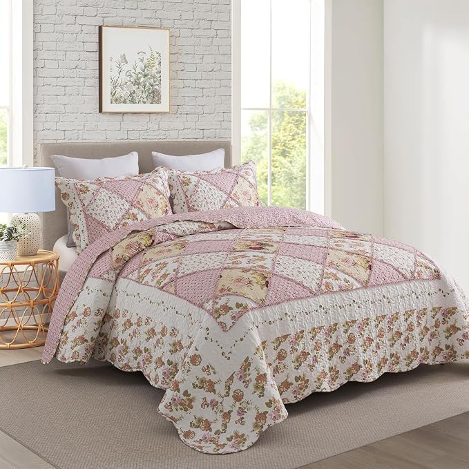 3-Piece Quilt Set Quilted Bedspread Lightweight Coverlet Set Garden Style - Image 2