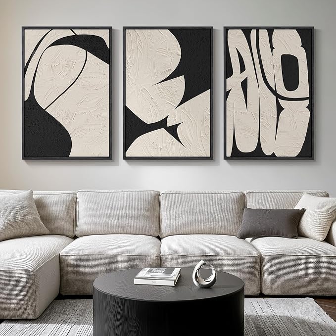 Large Framed Neutral Abstract Wall Art, 3 Piece Black and Beige, 24x36 In | by Cuspin