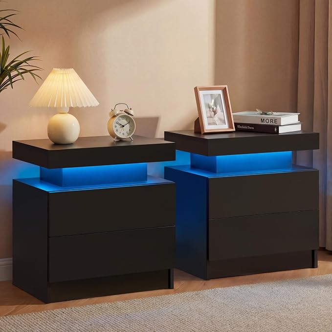 Black Modern LED Nightstand Set of 2 by Unknown