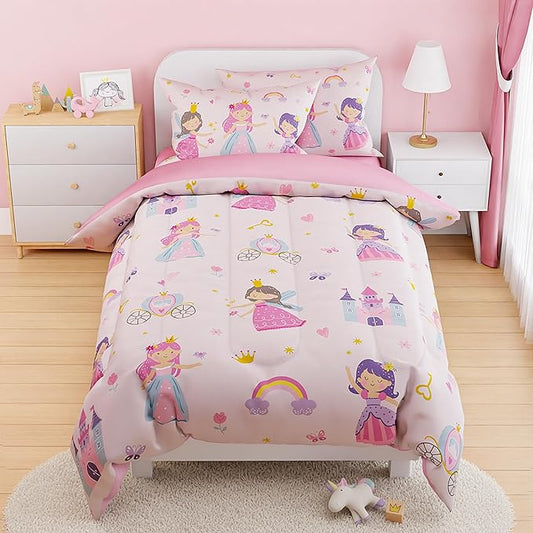 SANDJEST Princess Comforter Set Full Size 98x86in for Kids Girls, Microfiber Bedding Set 4 Pcs Includes 1 Comforter, 2 Pillowcases, 1 Fitted Sheet, Nursery Room Decor Christmas Birthday