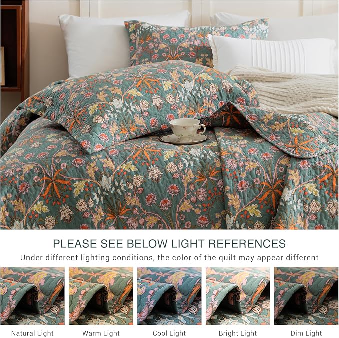 QSH 100% Cotton Oversized King Bedspread Set-3Pcs Floral Quilt Coverlet - Image 4